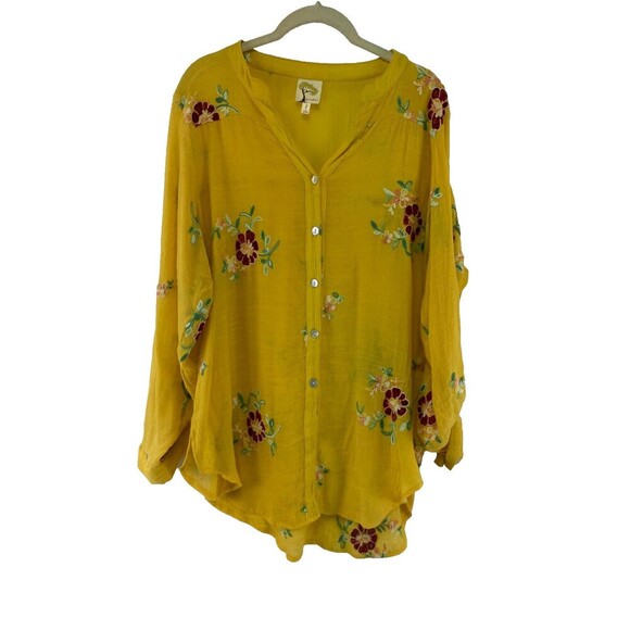 Fig And Flower Yellow Embroidered Blouse Floral Button Down Collared Women Large - Picture 1 of 14
